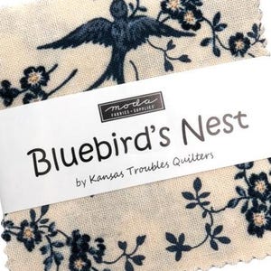 May include: A cream-coloured fabric square with a bluebird and floral pattern. The fabric is labelled "Bluebird's Nest" by Kansas Troubles Quilters.