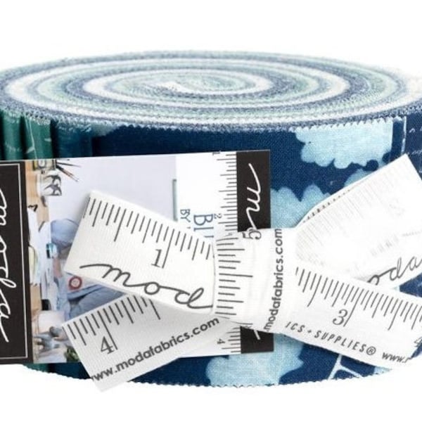 Moda Bluebell Jelly Roll, 2.5" Strips, Janet Clare Fabric, Blue Floral Text, 16960JR, J05