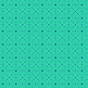 May include: Teal fabric with a repeating pattern of blue circles with a geometric design inside. The fabric has a ruler with inches marked on it.