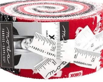 Moda XOXO Jelly Roll, 2.5" Fabric Strips by April Rosenthal, Love Hearts Red Valentines Day Fabric, 24140JR, J04