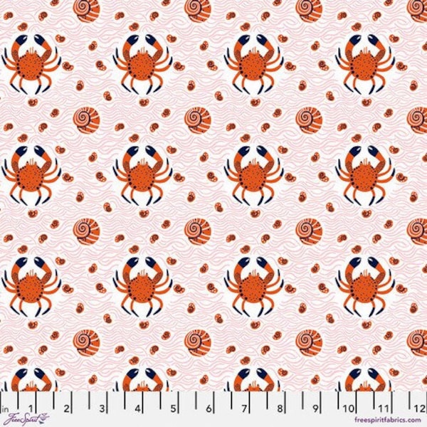 Monika Forsberg Rising Tide Shore Line PWMF041 Pink, Free Spirit Fabric, Crabs Snails, 100% Cotton Fabric, #FS859