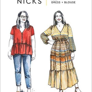 Peut inclure: Illustration d'un patron de couture pour une robe et un chemisier. L'illustration montre deux femmes portant le patron. La femme à gauche porte un chemisier rouge avec un ourlet à volants et la femme à droite porte une longue robe à étages avec un motif jaune, brun et bleu. Le patron s'appelle "Nicks" et est de Closet Core Patterns.
