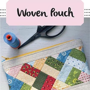 May include: A woven pouch with a patchwork design in shades of blue, green, yellow, red, and white. The pouch has a zipper closure and is finished with a yellow trim. The pouch is 7 inches by 10 inches and is made with mini charm and scrap fabric. The image includes the text "Woven Pouch", "Mini Charm & Scrap Friendly", "Finished Size 7" x 10"", "Sew lux fabric", and "by Chrissy Lux of Sew Lux Fabric".