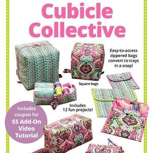 May include: A collection of quilted fabric storage items titled Cubicle Collective, including square bags, rectangular bags, and snap cases in teal and pink patterns. The set features zippered closures, open trays, and includes 12 projects.