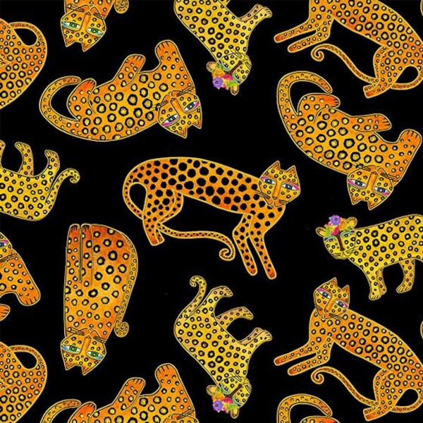 Laurel Burch Earth Song Digital Leopards Black Y4022-3M, Clothworks Fabric, Metallic Jungle Animals, 100% Cotton, Quilting Fabric, #2645