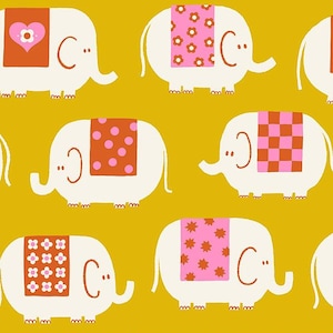 Picture Book Elephants Goldenrod RS3069-11, Kimberly Kight, Ruby Star, Moda Fabric, Retro, 100% Cotton