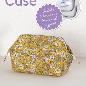 May include: A yellow floral cosmetic case with a white zipper. The case has a wire frame and includes a zipper. "Includes internal wire frames and a zipper!" is written on a purple circle.