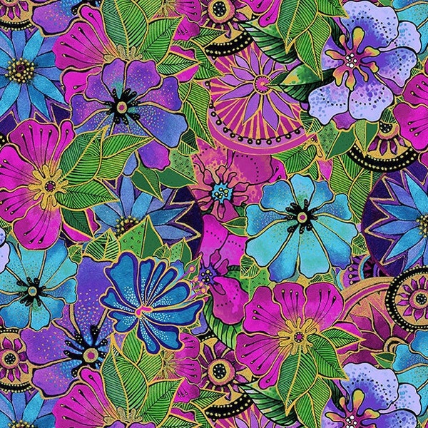 Laurel Burch Earth Song Packed Floral Dark Orchid Y4019-122M, Clothworks Fabric, Metallic Flowers, 100% Cotton, Quilting Fabric, #2642