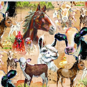 Fabric Remnant 39&quot; x 44&quot; Clothworks Farm Life Toile, Y3939-70 Light Rust,  Digital Fabric, Horse Cow Donkey, 100% Cotton, #R-1843