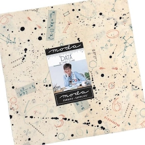 May include: A square piece of cream-colored fabric featuring a pattern of black ink splatters, mathematical equations, geometric shapes, and numbers. A central label reads Moda Data by Janet Clare with an image of a person at a desk.