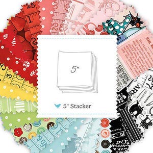 May include: A circular stack of colorful fabric squares, each 5 inches. The fabrics feature various patterns, including measuring tapes, polka dots, and text. The image includes the text "5" Stacker".