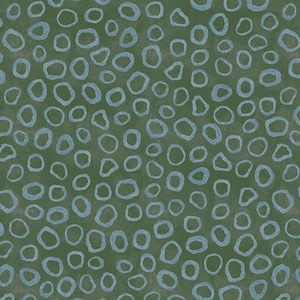May include: A green fabric with a repeating pattern of blue circles. The circles are hand-drawn and have a slightly textured look.