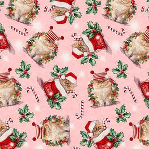 May include: A repeating pattern on a pink background features watercolour illustrations of cats wearing Christmas hats and surrounded by holly and candy canes. Some cats are in Santa's boots. The design is festive and whimsical.