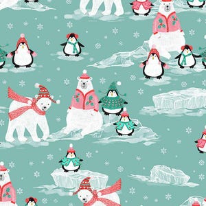 May include: A repeating pattern featuring polar bears and penguins in winter clothing. The bears wear red scarves and sweaters, while the penguins sport hats and sweaters. Snowflakes and icebergs are scattered on a teal background.