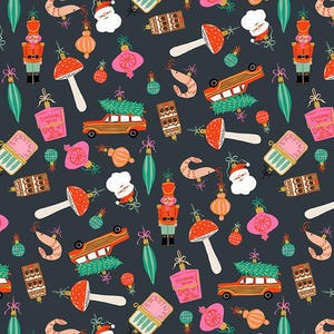 May include: A dark blue fabric with a repeating pattern of Christmas-themed illustrations. The design includes Santa Claus, nutcrackers, ornaments, mushrooms, cars with Christmas trees, and shrimp.