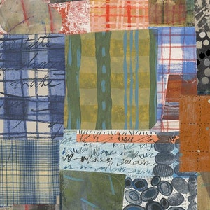 May include: Abstract collage artwork featuring a variety of patterned fabrics in shades of blue, green, red, and brown. The artwork includes a ruler with markings in centimetres and inches.