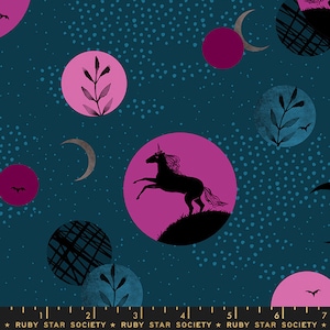May include: Dark teal fabric featuring a repeating pattern of pink circles, black unicorns, crescent moons, and bats. The design also includes stylized leaves and a scattering of small blue dots. The words "RUBY STAR SOCIETY" are printed at the bottom.