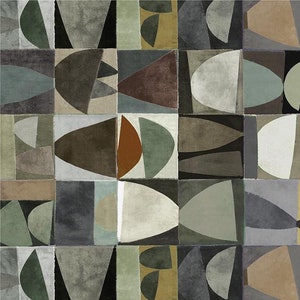 May include: Abstract geometric pattern with a repeating design of squares and circles in shades of brown, green, gray, and beige.