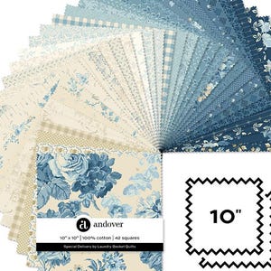 May include: A fan of 42 fabric squares, each 10" x 10", in various shades of blue and cream. The fabric features floral and patterned designs. The Andover fabric is 100% cotton. The image also includes a graphic of a 10" square.