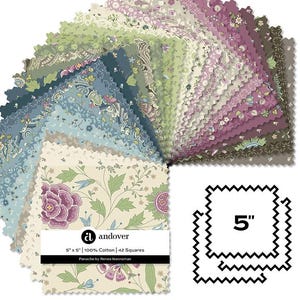 May include: A collection of 5" x 5" cotton fabric squares in various floral and paisley patterns. The color palette includes shades of blue, green, purple, and cream. The label reads "andover" and "Panache by Renee Nanneman."