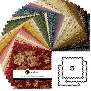 May include: A collection of 42 fabric squares, each 5" x 5", arranged in a fan shape. The fabrics feature floral and paisley patterns in various colors, including red, gold, green, and blue. The label reads "andover".
