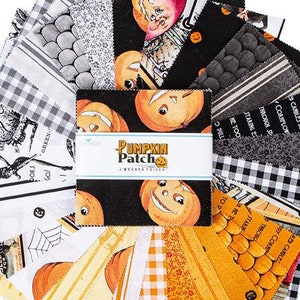May include: A collection of 2.5 inch fabric squares featuring a pumpkin patch theme. The squares are in various patterns, including black and white gingham, stripes, and a black background with a pumpkin illustration. The text "Pumpkin Patch" is printed on one of the squares.