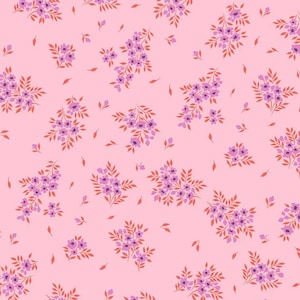 May include: Pink fabric with a repeating pattern of small purple flowers and red stems. The fabric is shown with a ruler for scale.