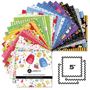 May include: A collection of 42 fabric squares, each 5" x 5", in a variety of colorful patterns. The fabric features school-themed designs, including backpacks, pencils, and mathematical symbols. The brand name "andover" is visible on the packaging. The fabric is 100% cotton.