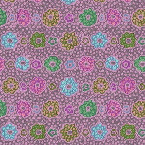 May include: A fabric print featuring a repeating pattern of stylised flowers in shades of pink, green, and light blue set against a mauve background with a speckled texture. A ruler at the bottom shows a scale of 30 cm for size reference.