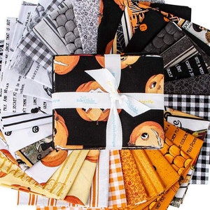 May include: A stack of 18 fabric squares featuring a variety of autumn-themed patterns, including pumpkins, gourds, and fall foliage. The fabric squares are in shades of orange, black, white, and gray. The text "PRX AND BOTAN" is visible on one of the squares.