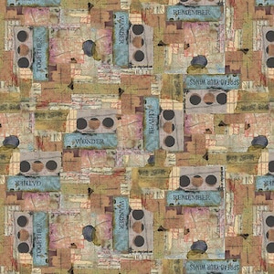 May include: A fabric pattern featuring a collage of muted colors, including beige, brown, and blue. The design incorporates rectangular shapes with text like "Wander," "Remember," and "Together." Circular patterns and script-like elements add to the vintage aesthetic.