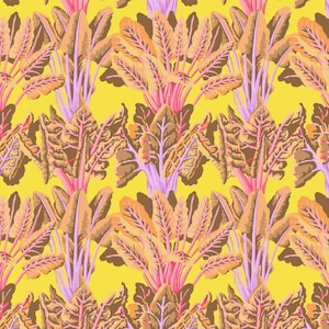 May include: A fabric pattern featuring a repeating illustration of Swiss chard plants with brown leaves and bright pink stems set against a vibrant yellow background, with a white ruler visible at the bottom edge measuring 60 centimetres.