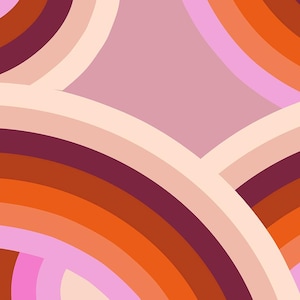 May include: Abstract fabric design with overlapping curved bands in pink, orange, and burgundy. The retro design features a repeating pattern of arched shapes. The fabric is suitable for craft projects. The design has a retro aesthetic.
