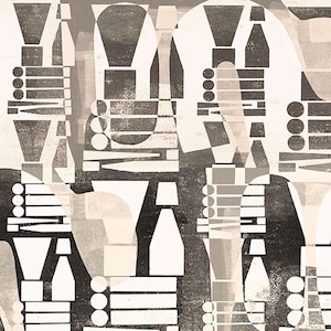 May include: Abstract fabric pattern in shades of black, white, and beige. The design features geometric shapes, including bottles, stacked rectangles, and circles. The repeating pattern creates a modern, artistic look, suitable for various craft projects.