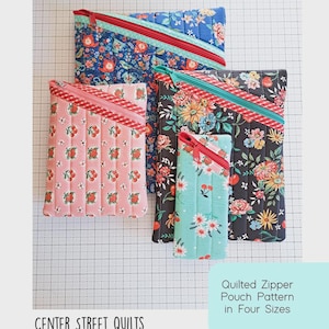 May include: Four quilted zipper pouches in various floral patterns, including blue, pink, and black, with diagonal zippers. The text "Hemingway Pouch" is at the top, and "Quilted Zipper Pouch Pattern in Four Sizes" is on the right.