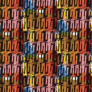 May include: Abstract fabric pattern featuring a repeating design of vertical rectangular shapes in various colors. The color palette includes shades of brown, orange, pink, yellow, and blue, with black outlines. The fabric has the text "Free Spirit Fabrics" at the bottom.