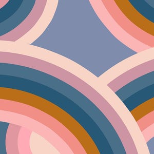 May include: Abstract fabric design featuring overlapping curved bands in shades of blue, pink, and brown against a light blue background. The design has a retro, geometric aesthetic. The fabric is likely cotton or a similar material.