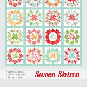 May include: A quilt pattern called "Swoon Sixteen" by Camille Roskelley. The pattern features 16 blocks, each with a different star-shaped design in shades of red, pink, green, blue, and yellow. The pattern is called "Thimble Blossoms" and is numbered #188.
