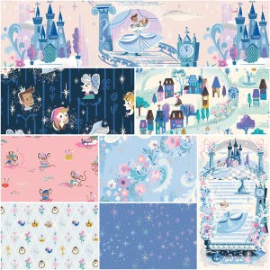 May include: A collection of whimsical illustrations featuring fairytale themes. The designs include images of a castle, a princess, mice, clocks, and floral patterns in shades of blue, pink, and purple. The overall aesthetic is reminiscent of a children's storybook.