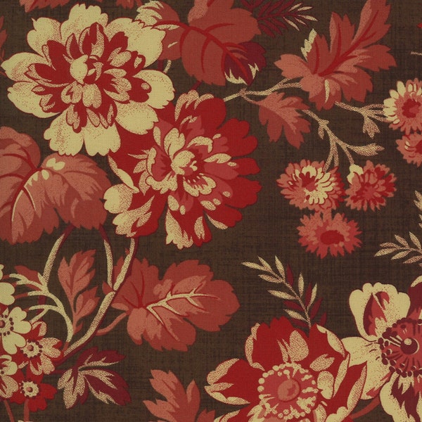 Betsy Chutchian Maria's Sky, 31620-21 Chocolate Red, Moda Fabric, Floral Flowers, 100% Cotton Quilting Fabric, #2311