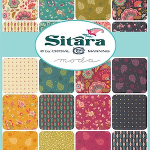 May include: A fabric charm pack featuring the Sitara collection by Crystal Manning for Moda. The set includes twenty square fabric swatches with various floral, leaf, dot, and geometric patterns in shades of teal, mustard yellow, pink, and dark gray.