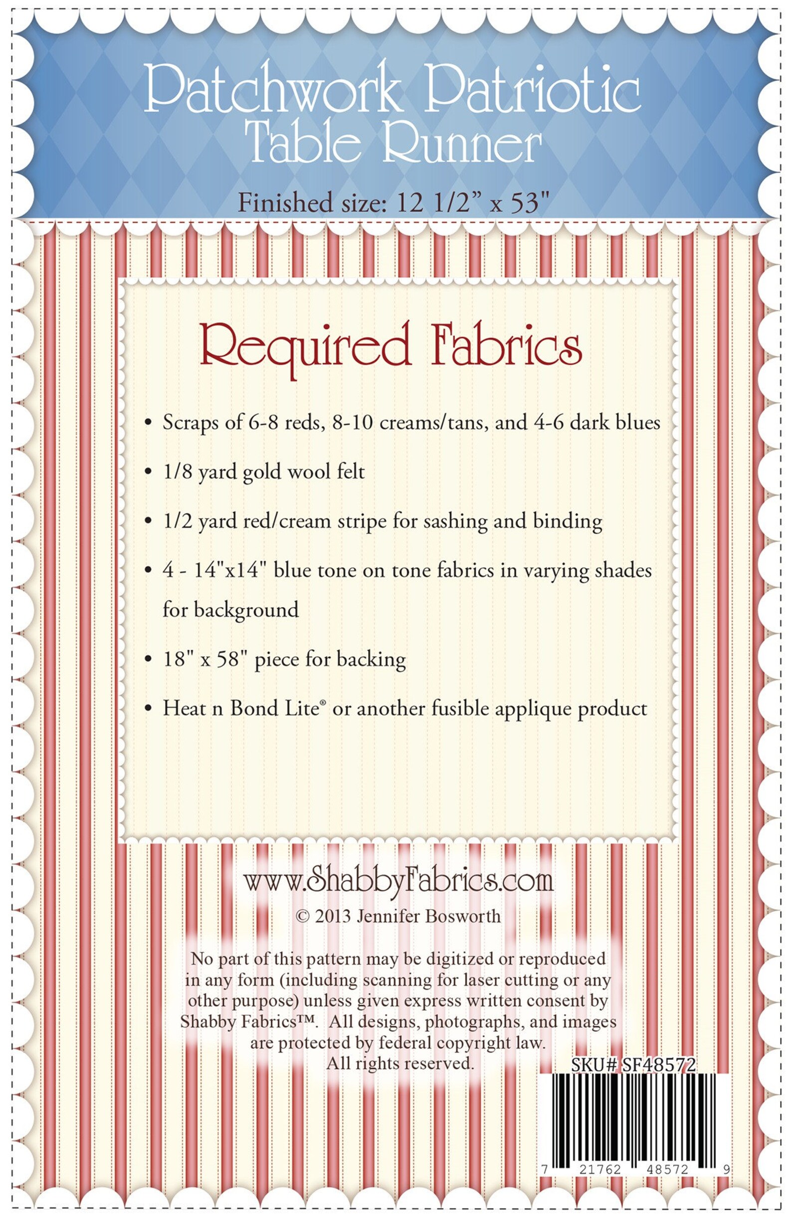 Patchwork Patriotic Table Runner Pattern by Jennifer Bosworth SF 48572 ...