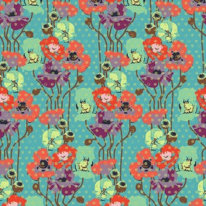 May include: A repeating pattern of stylized flowers in shades of orange, purple, and green on a teal background with white polka dots. The floral design features detailed petals and stems.