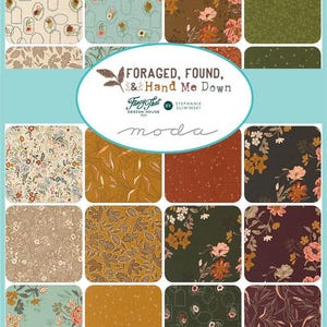 May include: A collection of twenty fabric swatches featuring various floral, leaf, and geometric patterns in shades of cream, sage green, mustard yellow, rust orange, and dark brown. A central oval label displays the text Foraged, Found, & Hand Me Down.
