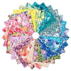 May include: A circular arrangement of colorful fabric squares with floral patterns. The fabrics display a variety of colors, including pink, yellow, blue, and purple, with detailed flower designs. Each square is approximately 6 inches.