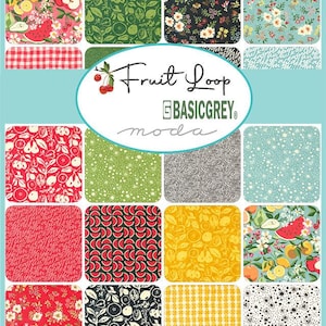 May include: A collection of 12 fabric squares featuring various fruit and floral patterns. The fabrics are in a variety of colors, including red, green, yellow, blue, and white. The fabrics are arranged in a grid pattern. The text "Fruit Loop" and "BASICGREY moda" is printed on a white oval.
