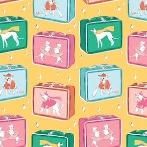 May include: A seamless pattern featuring various lunchboxes with different dog illustrations. The lunchboxes are in various colors, including blue, green, pink, and orange. The dogs are dressed in costumes, such as a baseball uniform, a ballerina outfit, and a superhero cape. The background is a solid yellow color.