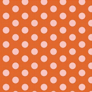 May include: A seamless pattern of pink polka dots on an orange background. The polka dots are evenly spaced and create a repeating pattern.