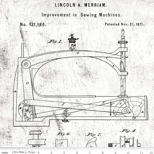 J. Wecker Frisch Sew Journal Sewing Machine Patens, C13887 White, Riley Blake Fabric, Vintage, 100% Cotton, #2423