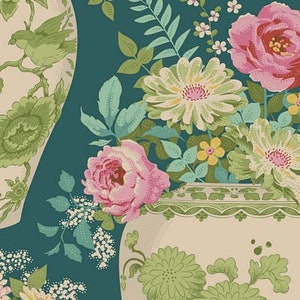 Tilda Chic Escape Flowervase Petrol TIL100443, Tone Finnanger Fabric, Tilda Fabric, 100% Cotton, #2051